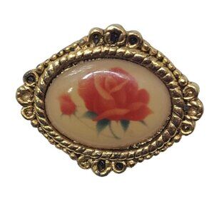 Camco Vintage Floral Rose Oval Gold Tone Brooch Lapel Pin
